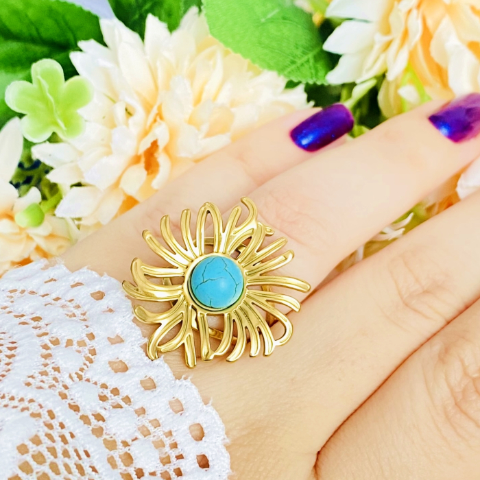 Inel Reglabil Floare Turcoaz, Inele Otel Inoxidabil, Inele Dama [4]