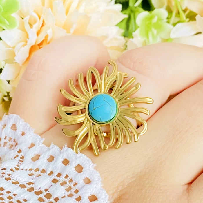 Inel Reglabil Floare Turcoaz, Inele Otel Inoxidabil, Inele Dama [1]