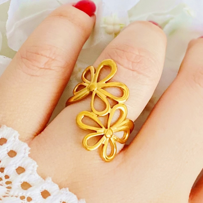 Inel Reglabil Flori Aurii, Inele Otel Inoxidabil, Inele Dama [5]