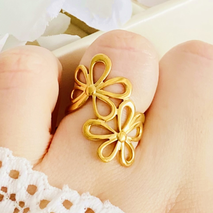 Inel Reglabil Flori Aurii, Inele Otel Inoxidabil, Inele Dama [2]