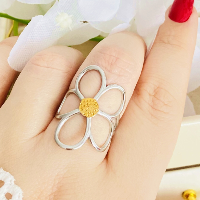 Inel Reglabil Floare Mare Argintie, Inele Otel Inoxidabil, Inele Dama [5]