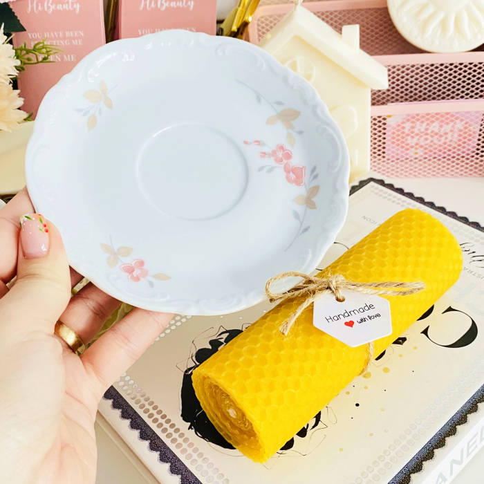 Lumanare Ceara Albine si Farfurie Portelan Vintage, Set Cadou Lumanari Handmade [5]