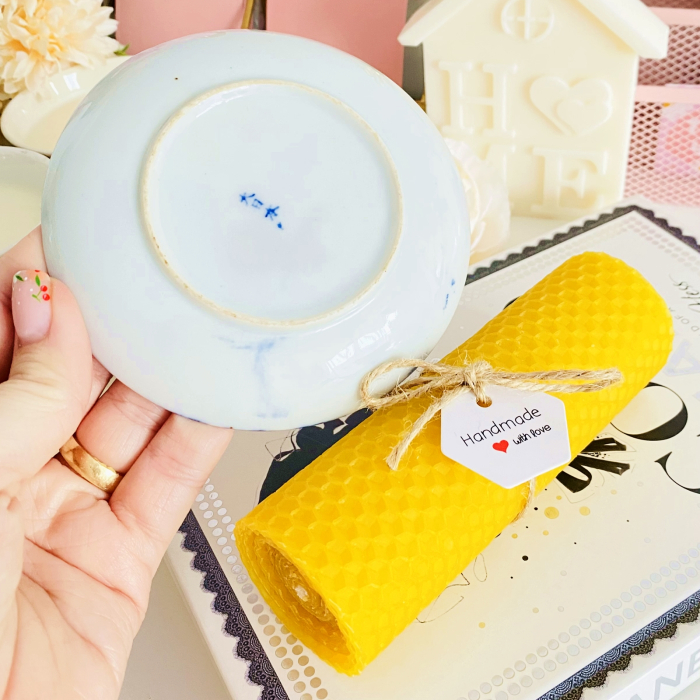 Lumanare Ceara Albine si Farfurie Portelan Vintage, Set Cadou Lumanari Handmade [5]