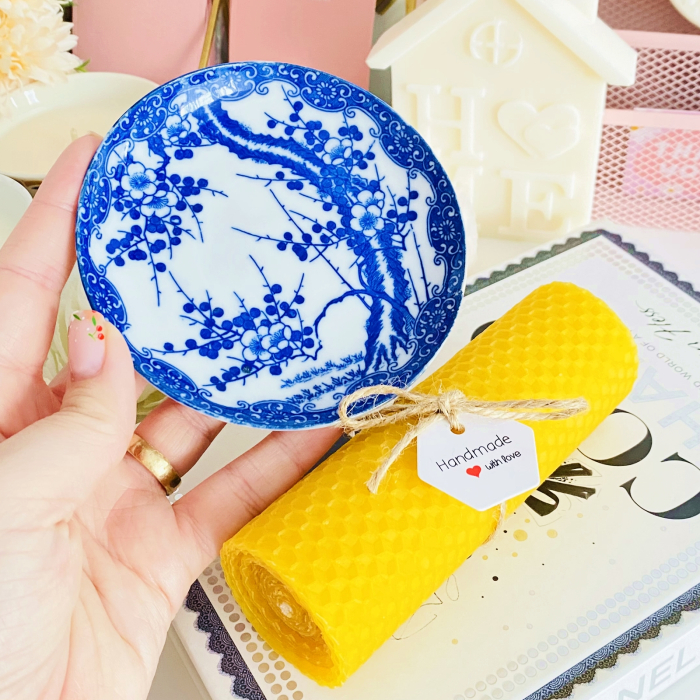 Lumanare Ceara Albine si Farfurie Portelan Vintage, Set Cadou Lumanari Handmade [3]