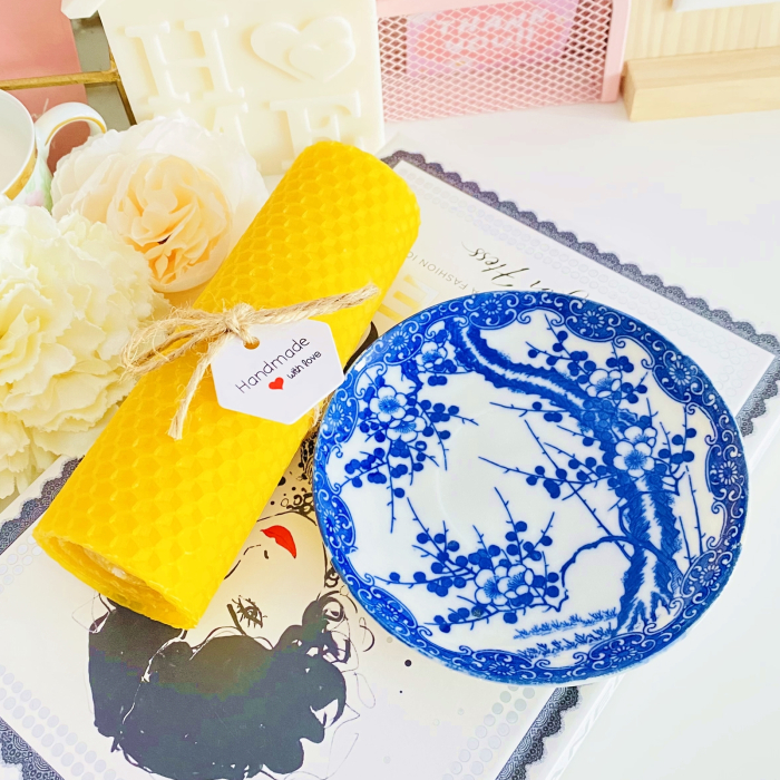 Lumanare Ceara Albine si Farfurie Portelan Vintage, Set Cadou Lumanari Handmade [4]