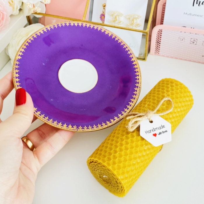 Lumanare Ceara Albine si Farfurie Portelan Vintage, Set Cadou Lumanari Handmade [3]