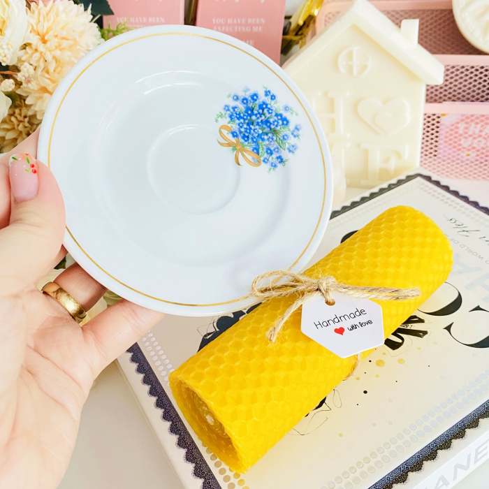 Lumanare Ceara Albine si Farfurie Portelan Vintage, Set Cadou Lumanari Handmade [3]