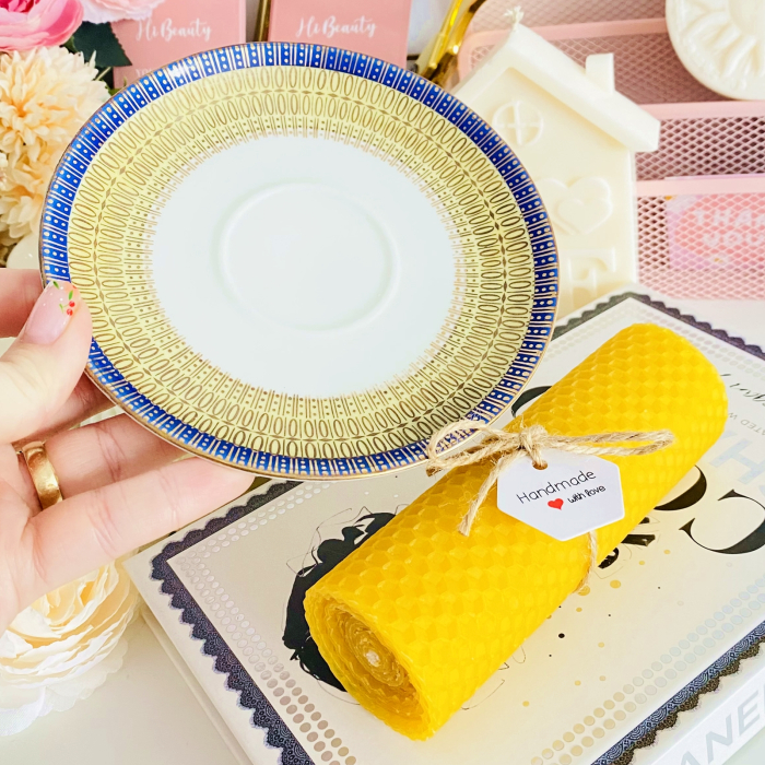 Lumanare Ceara Albine si Farfurie Portelan Vintage, Set Cadou Lumanari Handmade [5]