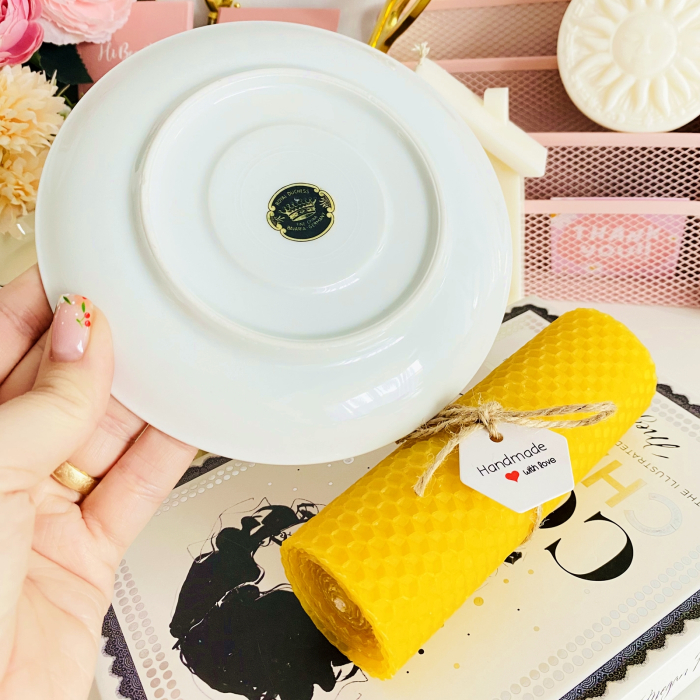 Lumanare Ceara Albine si Farfurie Portelan Vintage, Set Cadou Lumanari Handmade [6]