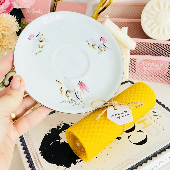 Lumanare Ceara Albine si Farfurie Portelan Vintage, Set Cadou Lumanari Handmade [5]