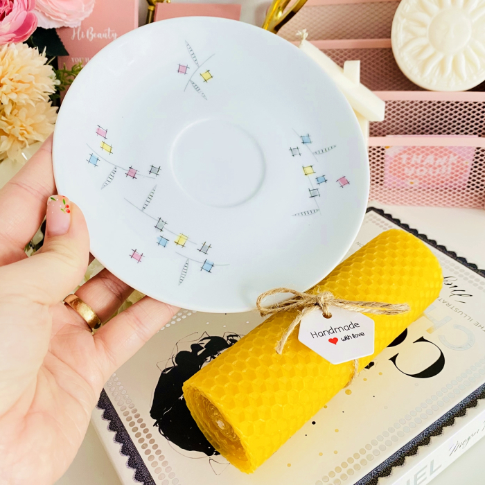 Lumanare Ceara Albine si Farfurie Portelan Vintage, Set Cadou Lumanari Handmade [5]