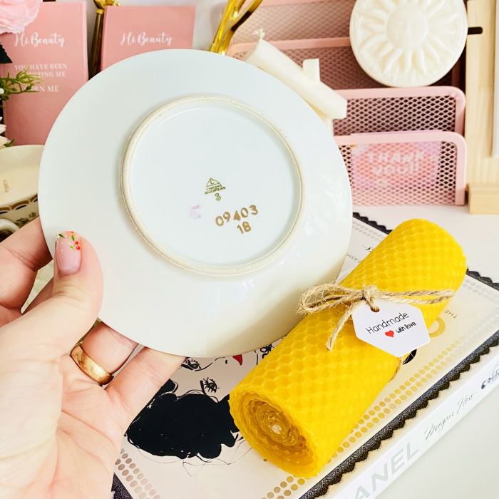 Lumanare Ceara Albine si Farfurie Portelan Vintage, Set Cadou Lumanari Handmade [5]