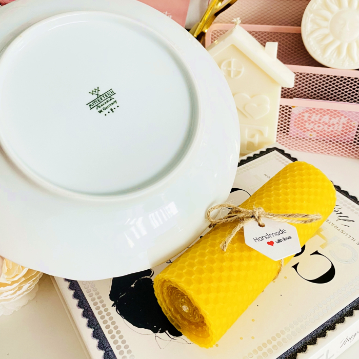 Lumanare Ceara Albine si Farfurie Portelan Vintage, Set Cadou Lumanari Handmade [6]