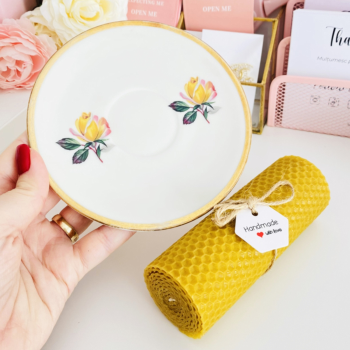 Lumanare Ceara Albine si Farfurie Portelan Vintage, Set Cadou Lumanari Handmade [3]