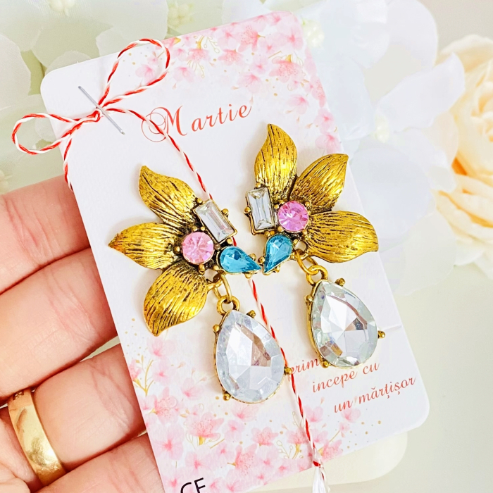 Martisor Cercei Flori Aurii, Cercei Dama, Bijuterii Femei, Martisoare Martie [3]