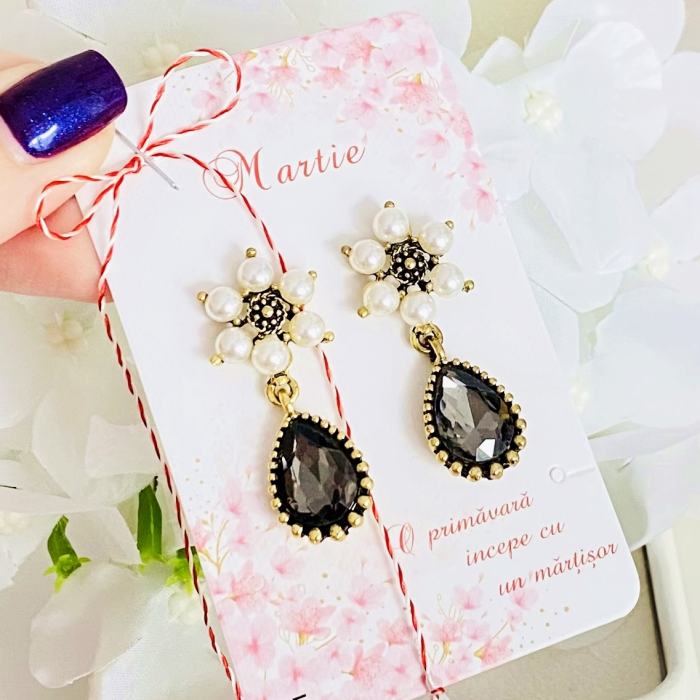 Martisor Cercei Flori Cristale Gri, Cercei Dama, Bijuterii Femei, Martisoare Martie [2]