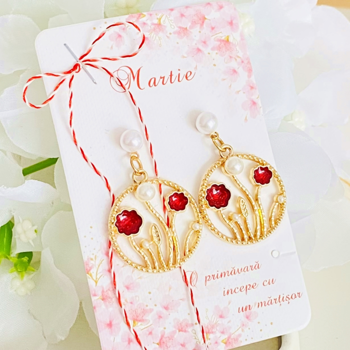 Martisor Cercei Flori Rosii, Cercei Dama, Bijuterii Femei, Martisoare Martie [2]