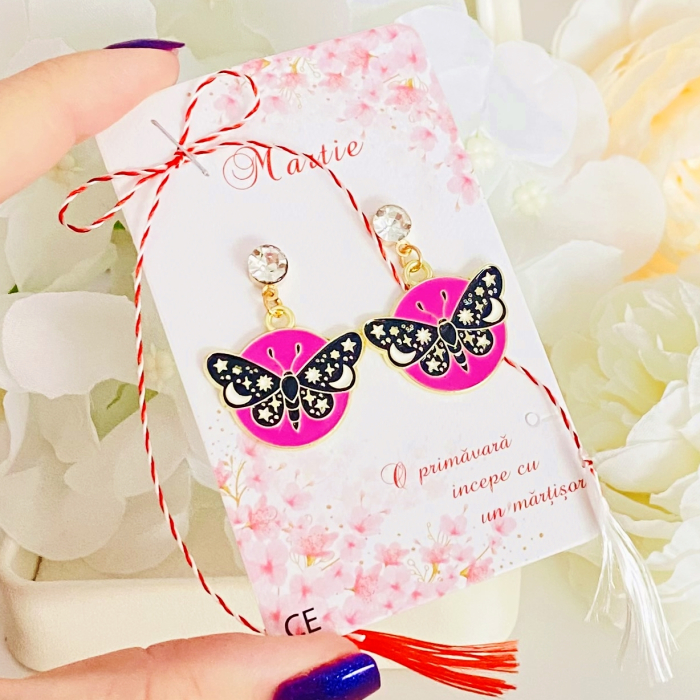 Martisor Cercei Fluturi Negri Roz, Cercei Dama, Bijuterii Femei, Martisoare Martie [2]