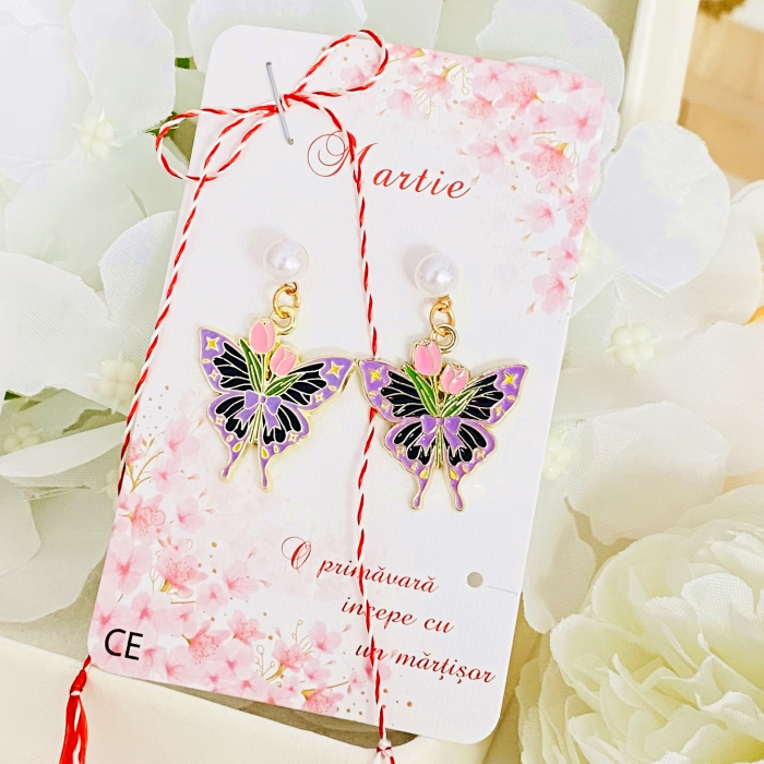 Martisor Cercei Fluturi Mov Lalele, Cercei Dama, Bijuterii Femei, Martisoare Martie [3]