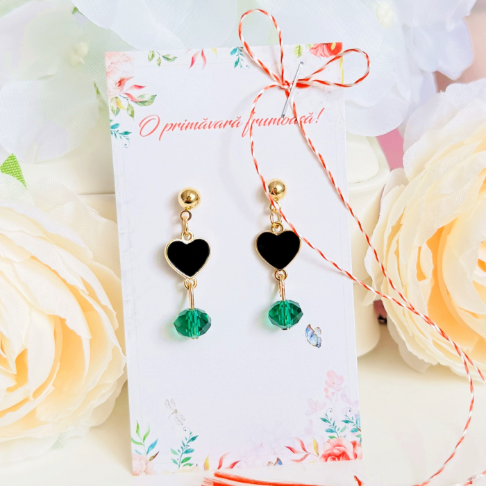 Martisor Cercei Inimi Negre Cristale Verde Smarald, Cercei Dama, Bijuterii Femei, Martisoare Martie [2]