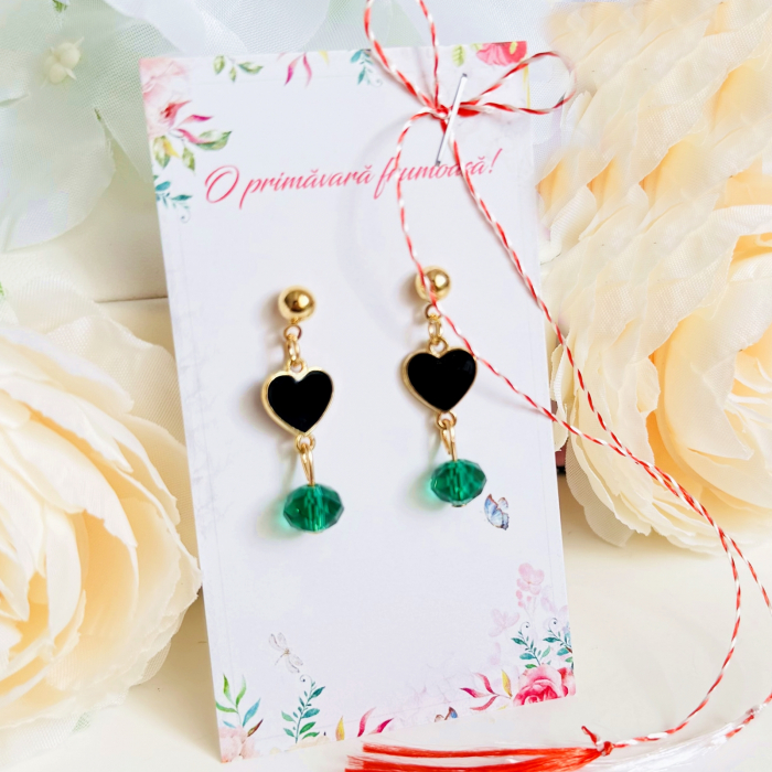 Martisor Cercei Inimi Negre Cristale Verde Smarald, Cercei Dama, Bijuterii Femei, Martisoare Martie [5]