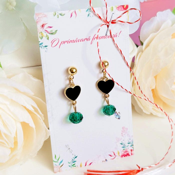 Martisor Cercei Inimi Negre Cristale Verde Smarald, Cercei Dama, Bijuterii Femei, Martisoare Martie [4]
