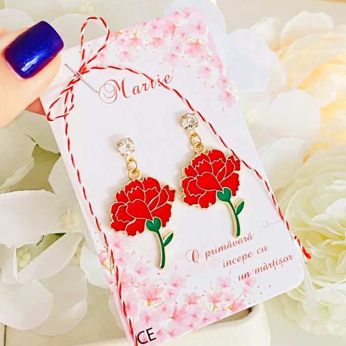 Martisor Cercei Garoafe Rosii, Cercei Dama, Bijuterii Femei, Martisoare Martie [3]