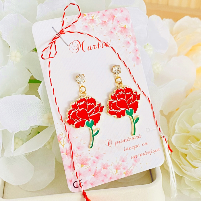 Martisor Cercei Garoafe Rosii, Cercei Dama, Bijuterii Femei, Martisoare Martie [2]
