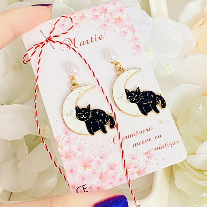 Martisor Cercei Pisici Negre Luna, Cercei Dama, Bijuterii Femei, Martisoare Martie [4]