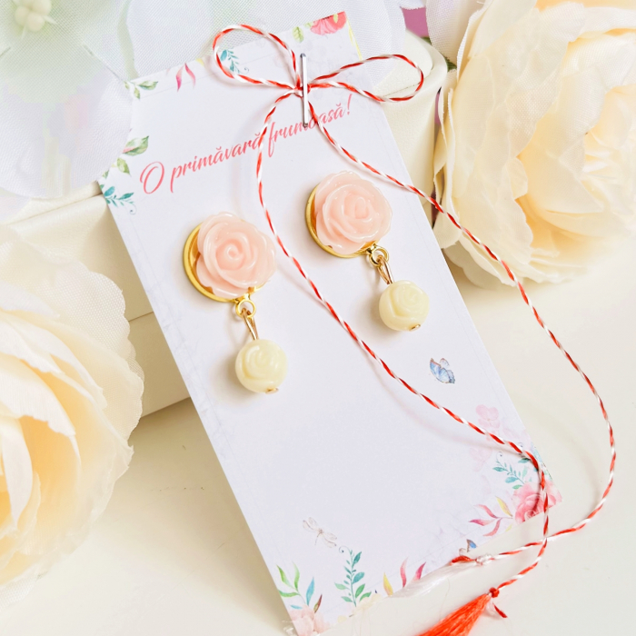 Martisor Cercei Trandafiri Roz Crem, Cercei Dama, Bijuterii Femei, Martisoare Martie [2]