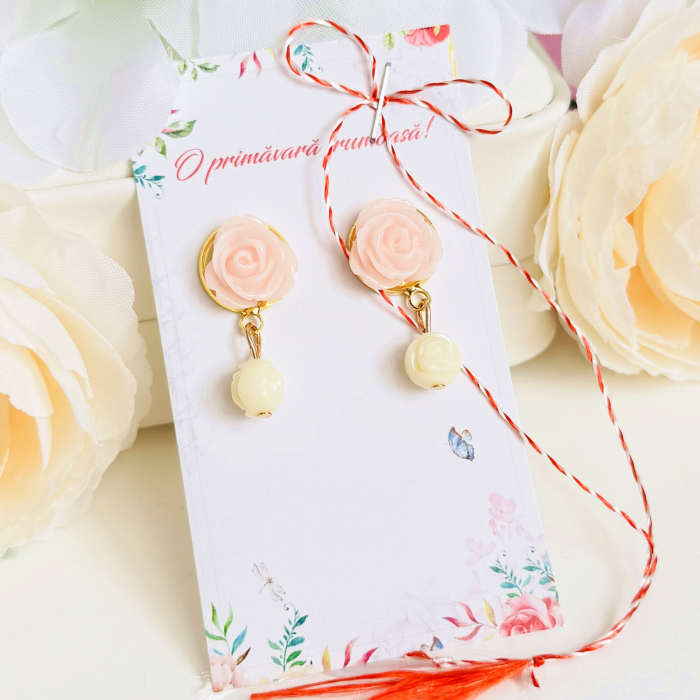 Martisor Cercei Trandafiri Roz Crem, Cercei Dama, Bijuterii Femei, Martisoare Martie [4]