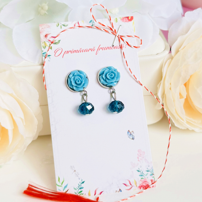 Martisor Cercei Trandafiri Albastri, Cercei Dama, Bijuterii Femei, Martisoare Martie [4]