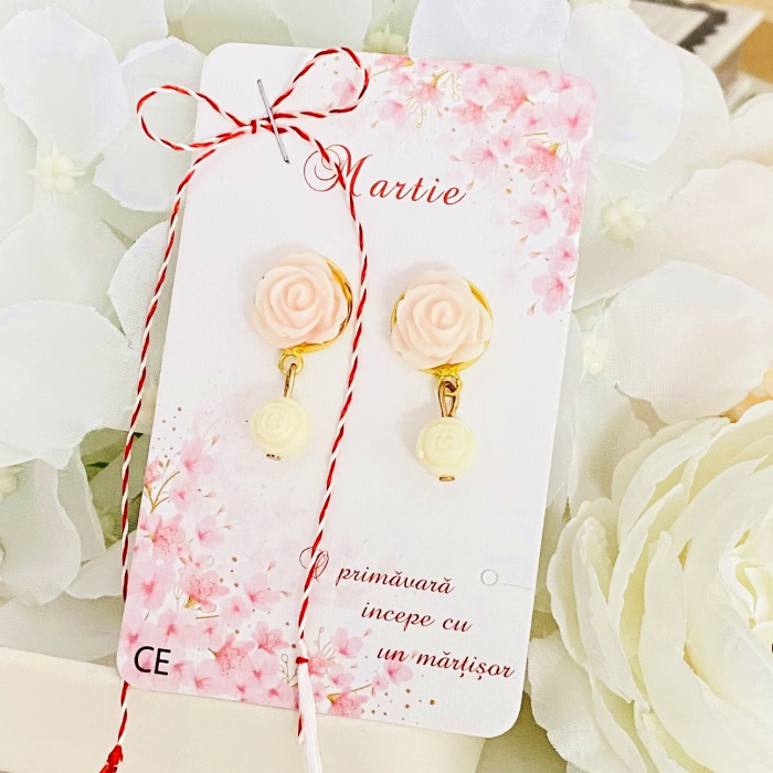 Martisor Cercei Trandafiri Roz Crem, Cercei Dama, Bijuterii Femei, Martisoare Martie [3]