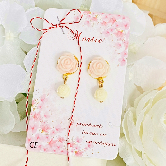 Martisor Cercei Trandafiri Roz Crem, Cercei Dama, Bijuterii Femei, Martisoare Martie [6]