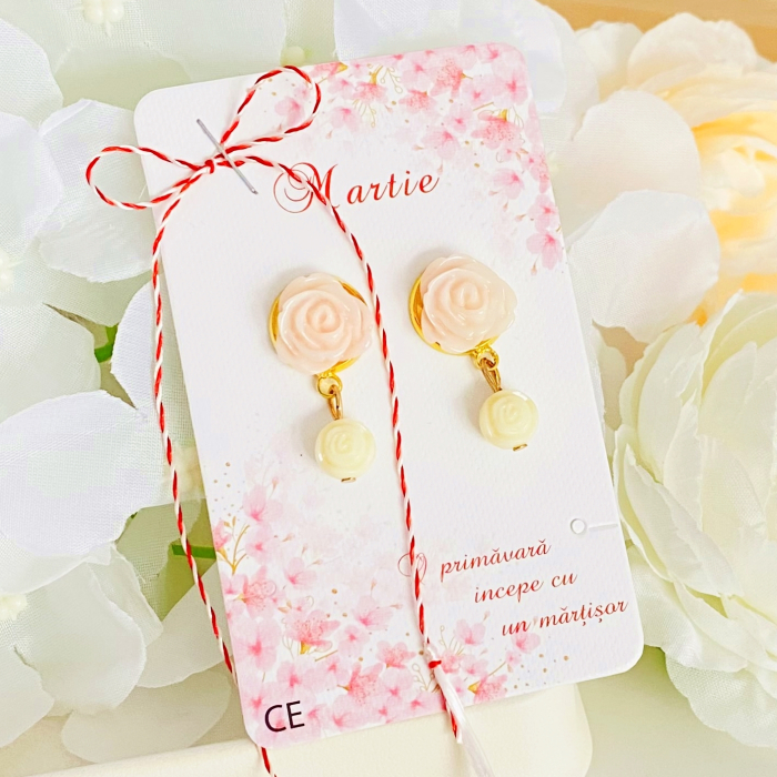 Martisor Cercei Trandafiri Roz Crem, Cercei Dama, Bijuterii Femei, Martisoare Martie [4]