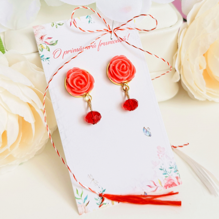 Martisor Cercei Trandafiri Roz Somon, Cercei Dama, Bijuterii Femei, Martisoare Martie [3]