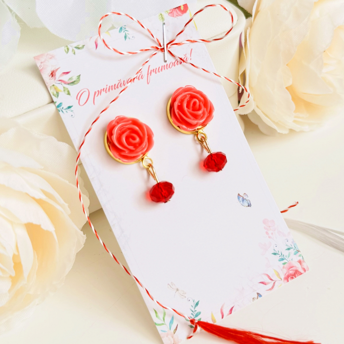 Martisor Cercei Trandafiri Roz Somon, Cercei Dama, Bijuterii Femei, Martisoare Martie [2]