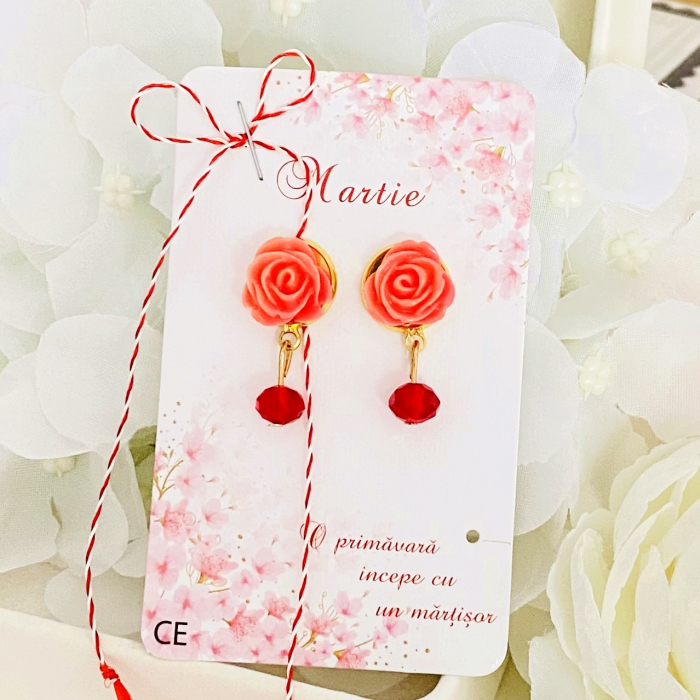 Martisor Cercei Trandafiri Roz Somon, Cercei Dama, Bijuterii Femei, Martisoare Martie [4]