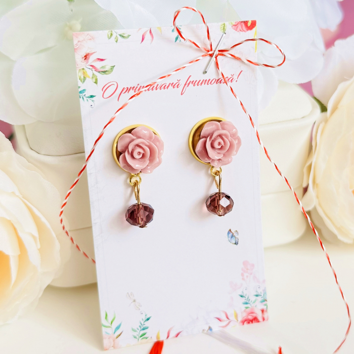 Martisor Cercei Trandafiri Mov, Cercei Dama, Bijuterii Femei, Martisoare Martie [3]
