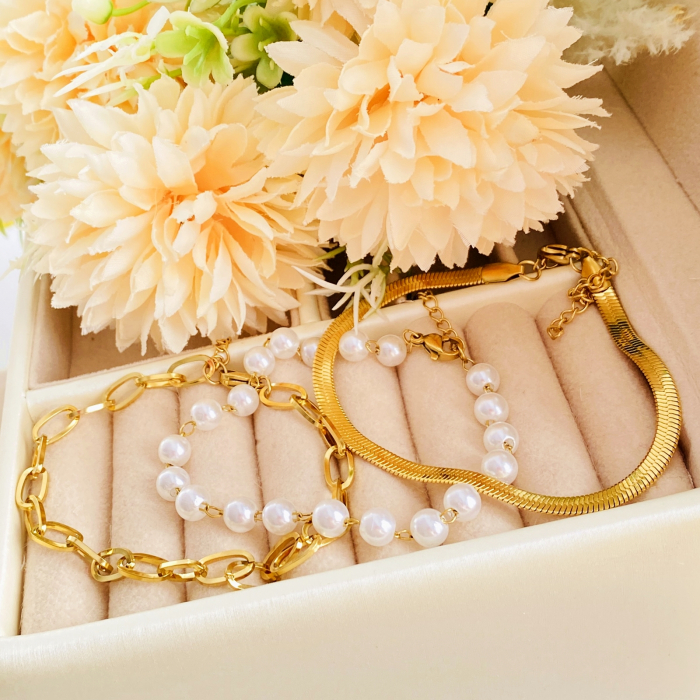 Set 3 Bratari Aurii Perlute Otel Inoxidabil, Bijuterii Inox, Bratari Dama [3]