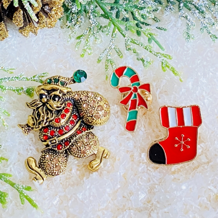 Set 3 Brose Mos Craciun, Candy Cane, Soseta, Brosa Statement, Brose Femei [3]