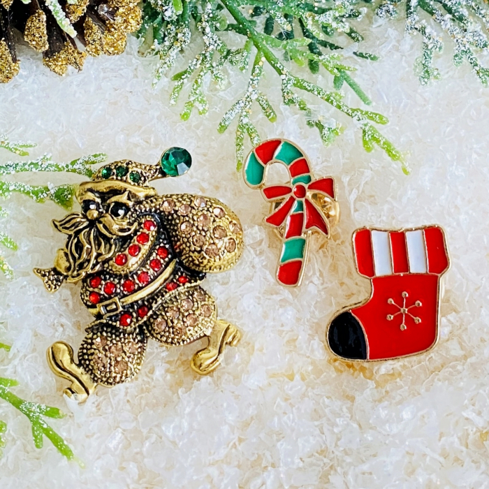 Set 3 Brose Mos Craciun, Candy Cane, Soseta, Brosa Statement, Brose Femei [6]
