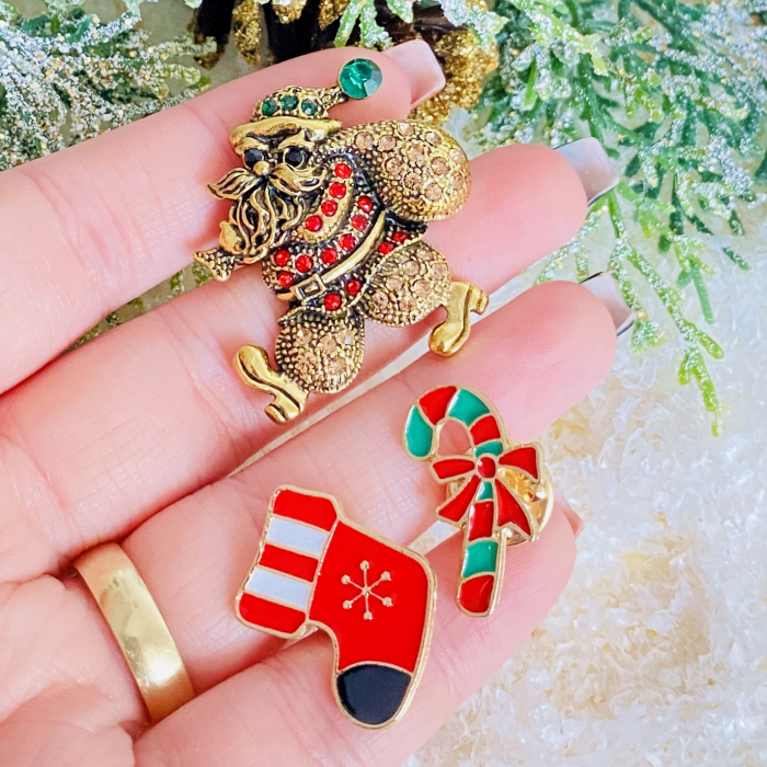 Set 3 Brose Mos Craciun, Candy Cane, Soseta, Brosa Statement, Brose Femei [5]