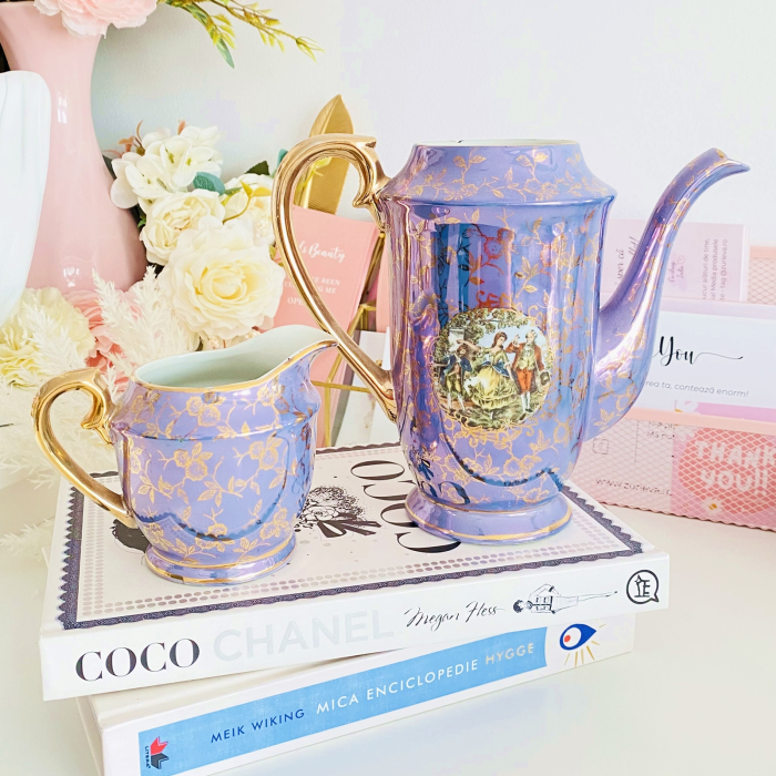 Set Ceainic & Letiera Fragonard Mov, Portelan Vintage [5]