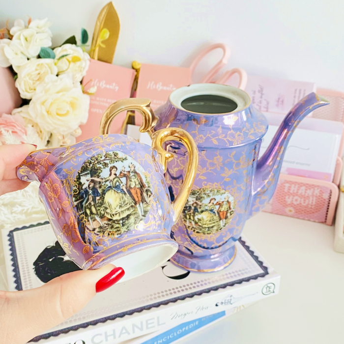 Set Ceainic & Letiera Fragonard Mov, Portelan Vintage [4]