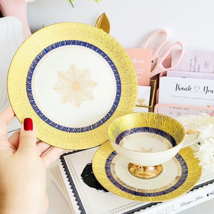 Set Mic Dejun Auriu & Albastru Bavaria, Portelan Vintage [4]