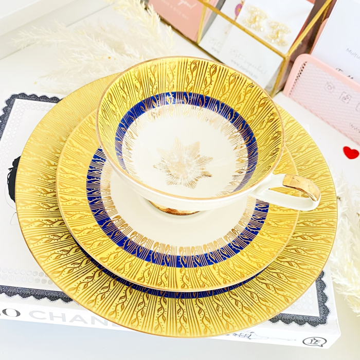 Set Mic Dejun Auriu & Albastru Bavaria, Portelan Vintage [1]