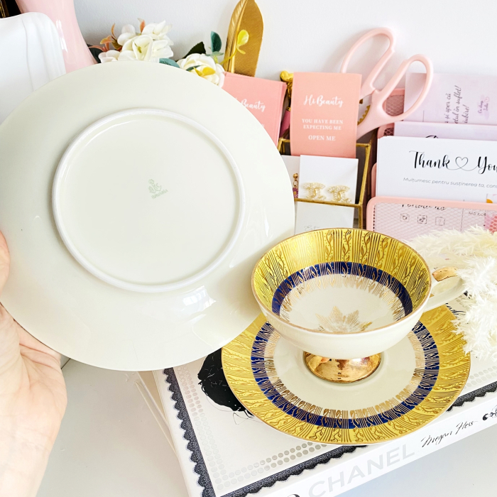 Set Mic Dejun Auriu & Albastru Bavaria, Portelan Vintage [6]