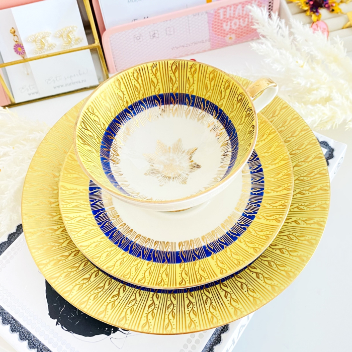 Set Mic Dejun Auriu & Albastru Bavaria, Portelan Vintage [3]