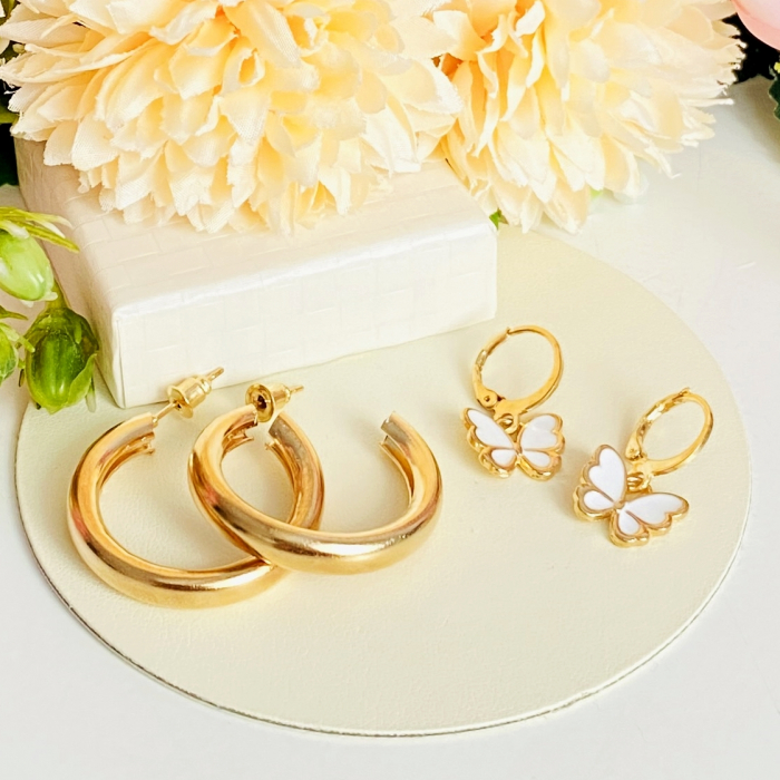 Set Cercei Hoop & Fluturi Albi, Cercei Dama, Bijuterii Femei [3]